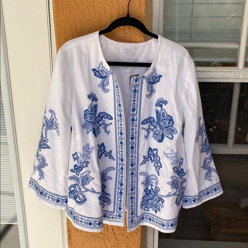 White and Blue Embroidered Jacket from J Jill NEW